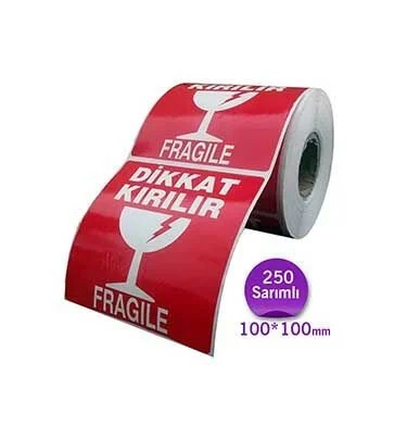 Dikkat Kırılır Etiketi 100 mm x 100 mm (10 cm x 10 cm) 1 Rulo 250 Adet (Uyarı Etiketidir)